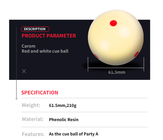 Carom Cue basen z piłeczkami - stół treningowy, punkt Cue Ball, średnica 61.5mm, trwała żywica fenolowa - Wianko - 2