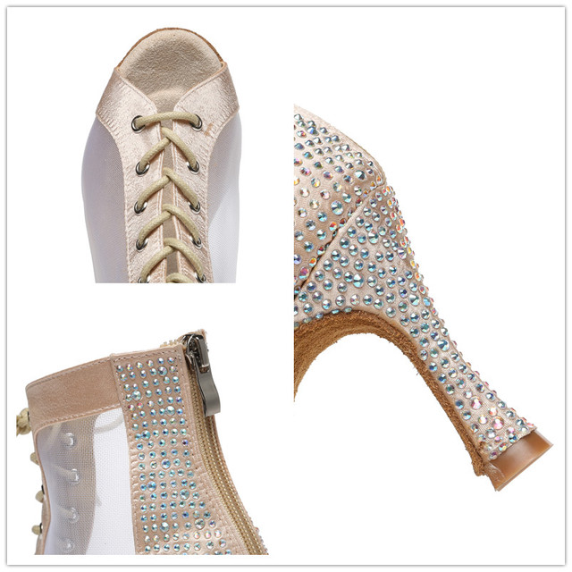 Buty do tańca JuseDanc z zasznurowaną siatką, ozdobieniem Rhinestone, wygodne damskie sandały ślubne w stylu Waltz Dance - Wianko - 3