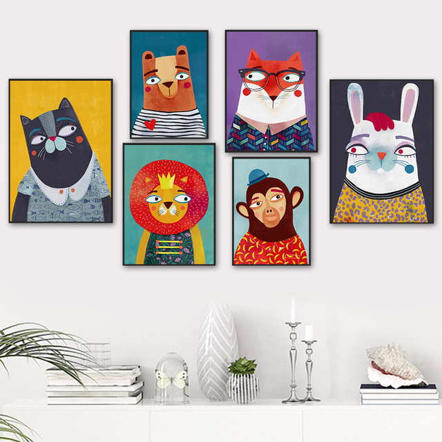 Skandynawski abstrakcyjny kolorowy plakat zwierzęcy na płótnie - niedźwiedź, lew, lis, królik, małpa, kot - Wianko - 3