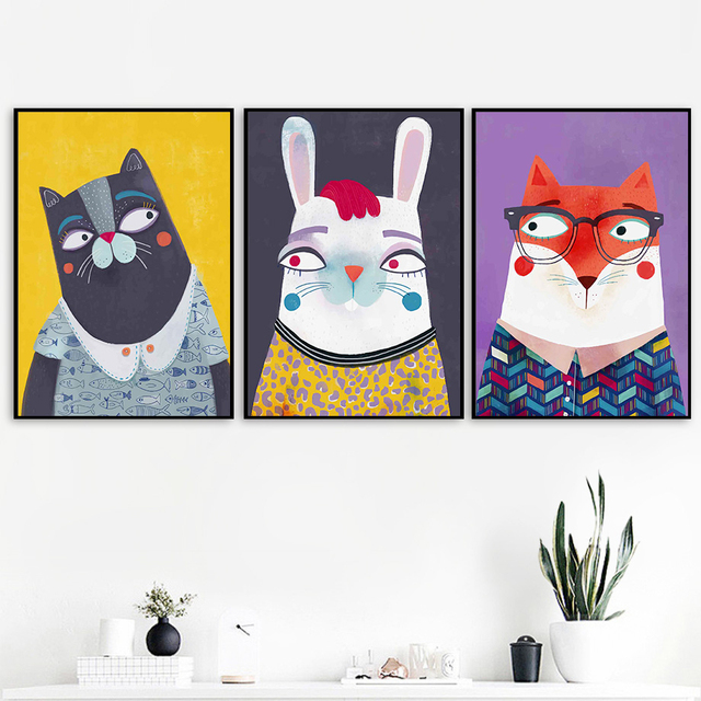 Skandynawski abstrakcyjny kolorowy plakat zwierzęcy na płótnie - niedźwiedź, lew, lis, królik, małpa, kot - Wianko - 4