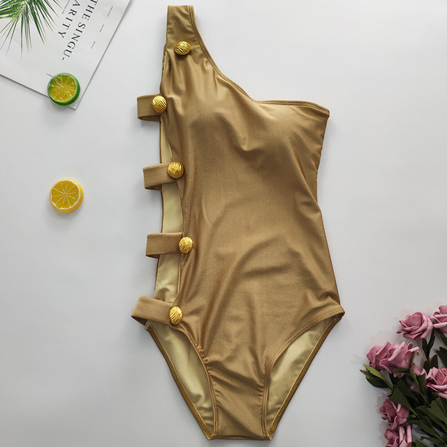 Jednokolorowy, seksowny strój kąpielowy na jedno ramię z guzikami - Monokini 2021 dla kobiet - Wianko - 12