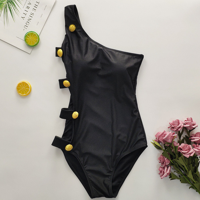 Jednokolorowy, seksowny strój kąpielowy na jedno ramię z guzikami - Monokini 2021 dla kobiet - Wianko - 22