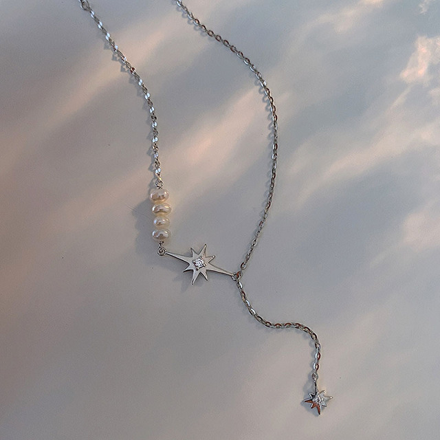 Naszyjnik damski z łańcuszkiem do obojczyka Evimi - 925 srebro, prosty design z cyrkoniami, wiszącą gwiazdą i frędzlą - biżuteria modna i elegancka - Wianko - 1