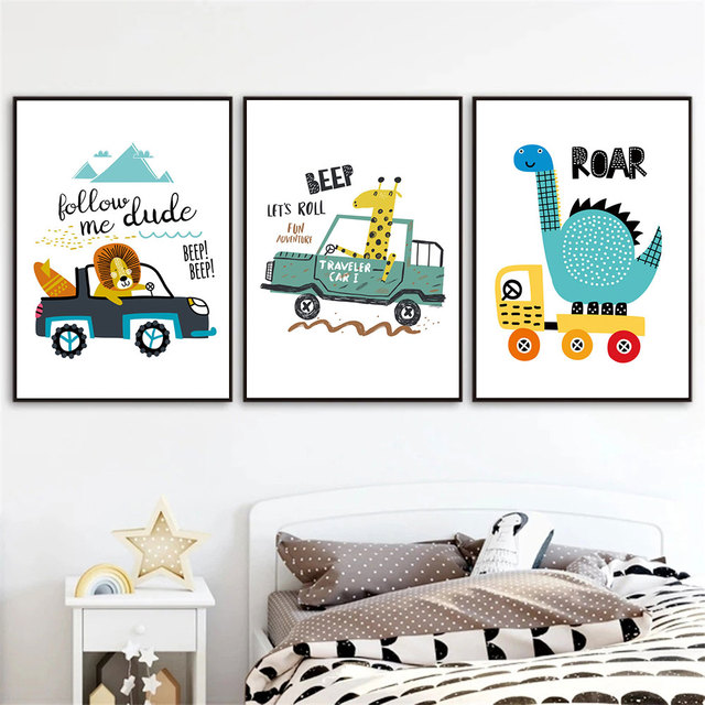 Plakat artystyczny samochód miejski z postaciami zwierząt dla dzieci - kierowca, lew, żyrafa, dinozaur - druk na płótnie, idealny do przedszkola i pokoju chłopców - Wianko - 4