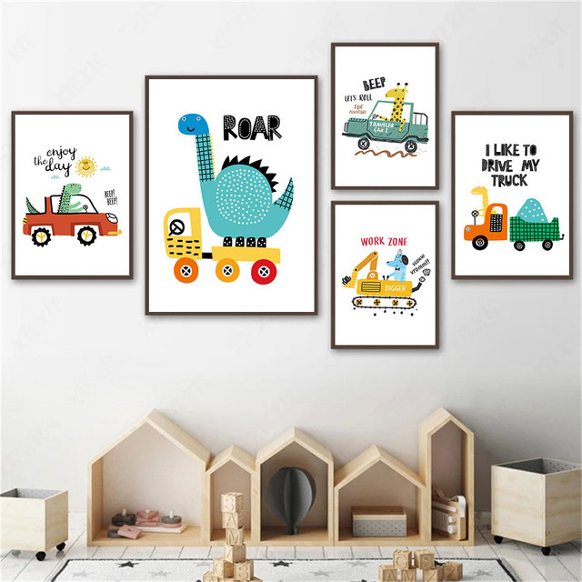Plakat artystyczny samochód miejski z postaciami zwierząt dla dzieci - kierowca, lew, żyrafa, dinozaur - druk na płótnie, idealny do przedszkola i pokoju chłopców - Wianko - 3