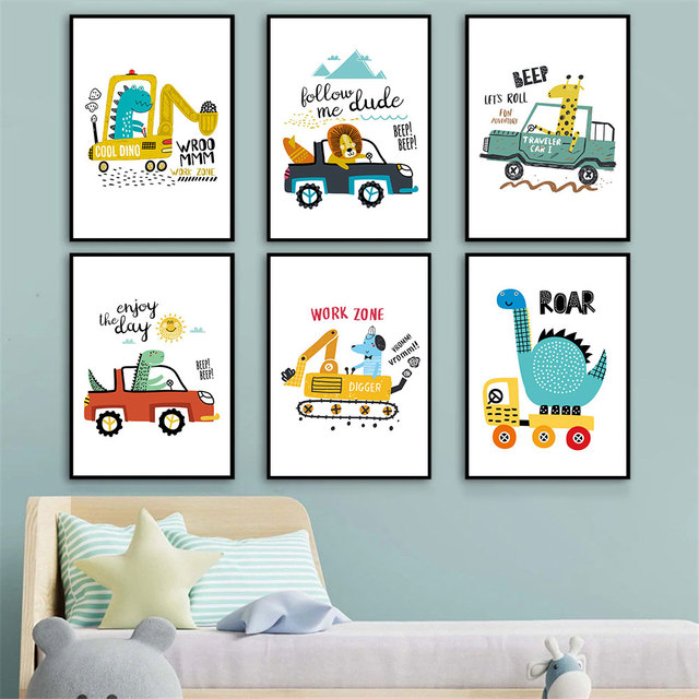 Plakat artystyczny samochód miejski z postaciami zwierząt dla dzieci - kierowca, lew, żyrafa, dinozaur - druk na płótnie, idealny do przedszkola i pokoju chłopców - Wianko - 2