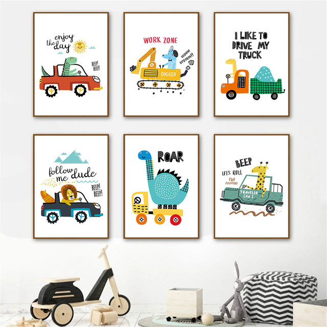 Plakat artystyczny samochód miejski z postaciami zwierząt dla dzieci - kierowca, lew, żyrafa, dinozaur - druk na płótnie, idealny do przedszkola i pokoju chłopców - Wianko - 1