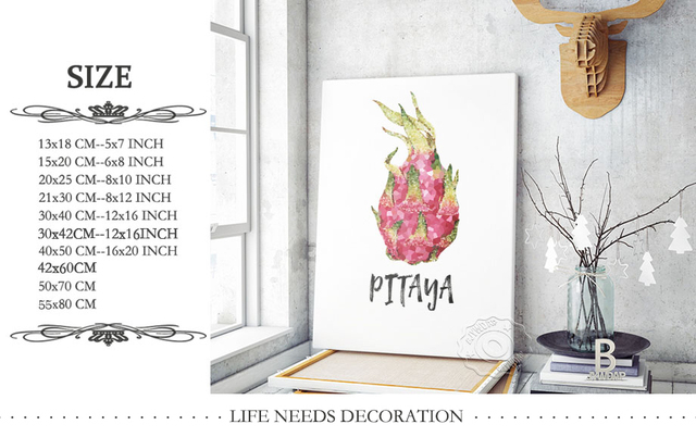 Plakat z owocami: Jabłko, banan, truskawka, wiśnia, kokos, cytryna, mango i pomarańcz jako pełnokolorowe obrazy ścielące do dekoracji domu - Wianko - 1