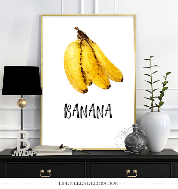 Plakat z owocami: Jabłko, banan, truskawka, wiśnia, kokos, cytryna, mango i pomarańcz jako pełnokolorowe obrazy ścielące do dekoracji domu - Wianko - 5