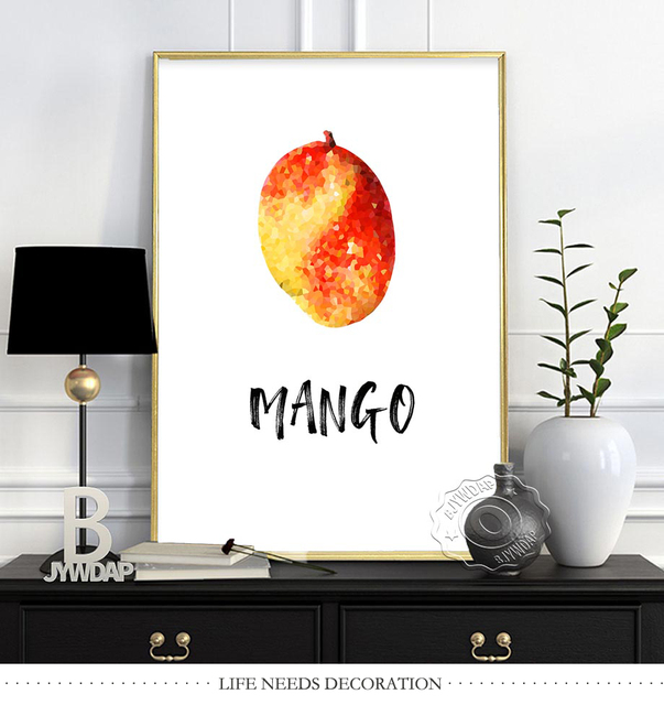 Plakat z owocami: Jabłko, banan, truskawka, wiśnia, kokos, cytryna, mango i pomarańcz jako pełnokolorowe obrazy ścielące do dekoracji domu - Wianko - 9