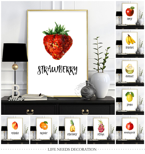 Plakat z owocami: Jabłko, banan, truskawka, wiśnia, kokos, cytryna, mango i pomarańcz jako pełnokolorowe obrazy ścielące do dekoracji domu - Wianko - 2