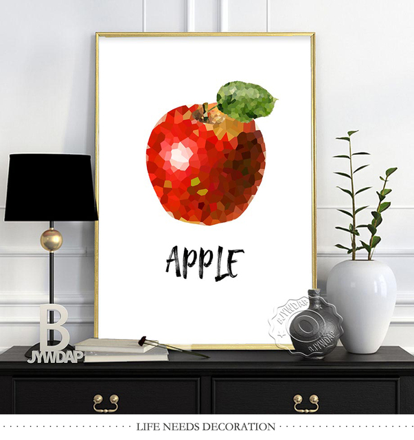 Plakat z owocami: Jabłko, banan, truskawka, wiśnia, kokos, cytryna, mango i pomarańcz jako pełnokolorowe obrazy ścielące do dekoracji domu - Wianko - 3