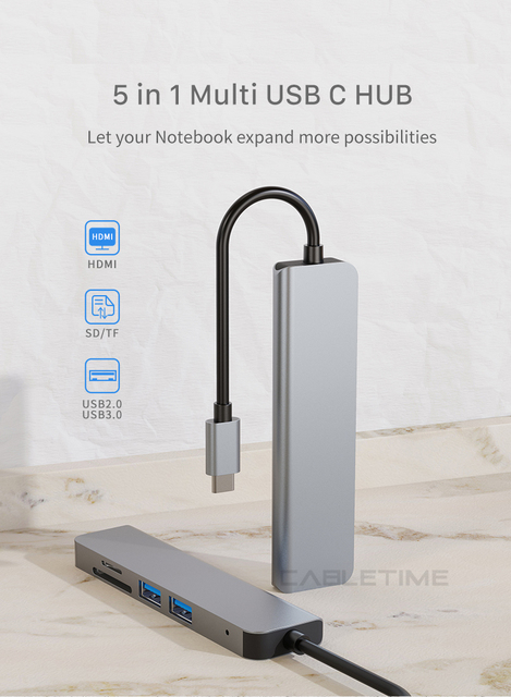 Nowy Kabel USB C HUB z Obsługą 4K HDMI, Czytnikiem Kart SD/TF i Portami USB 3.0 do Klawiatury, Dysku U, Laptopa Macbook - Multi Hub H25 - Wianko - 1
