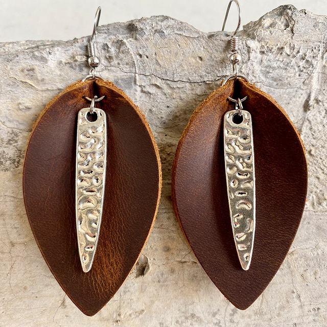 Kolczyki wiszące z metalowym paskiem i skórą w stylu Crazy Horse z liśćmi dla kobiet - Vintage oryginalne skórzane kolczyki z biżuteryjnej butiku - Wianko - 36