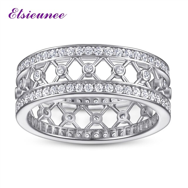 Pierścionek obrączka ELSIEUNEE 925 srebrny z diamentem, doskonała biżuteria zaręczynowa dla par - Wianko - 2