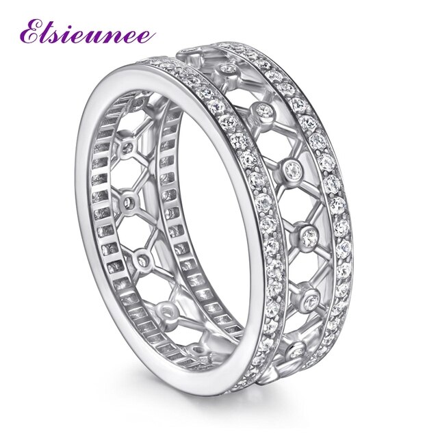 Pierścionek obrączka ELSIEUNEE 925 srebrny z diamentem, doskonała biżuteria zaręczynowa dla par - Wianko - 3