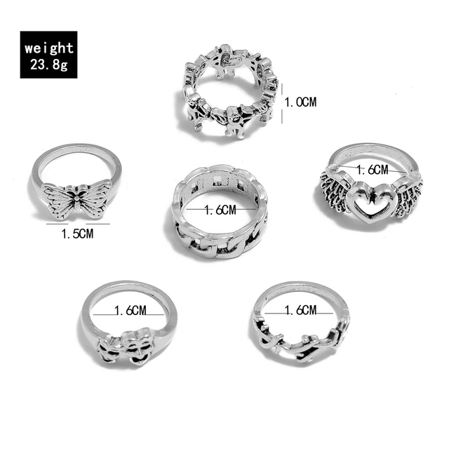 Zestaw 6 pierścieni Gothic z srebrnymi akcentami, motywem Grimace Finger, sercem, skrzydłami i motylem, biżuteria damska - Wianko - 13