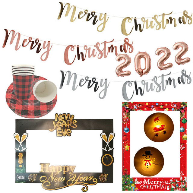 2020 Merry bożonarodzeniowy baner reklamowy girlanda imprezowa lampa LED String Banner 2021 szczęśliwego nowego roku papier bożonarodzeniowy rama dekoracje balon - Zestaw dekoracji bożonarodzeniowych: baner girlanda z lampami LED i rama papierowej girlandy na 2021 rok - Wianko - 2