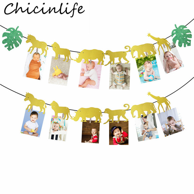 Dżunglowy baner Chicinlife Safari na Baby Shower i urodziny - 12 miesięcy zdjęć, 1 rok życzeń, garlandia i więcej dla dzieci - Wianko - 1