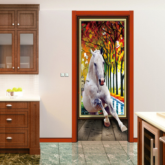 Naklejki 3D na drzwi - ręczny nadruk, artystyczne motywy, koń, las, dom dla zwierząt, ozdobne malowidło, renowacja dekoracji - Wianko - 6
