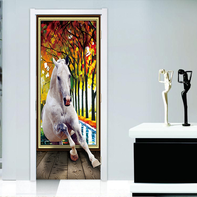 Naklejki 3D na drzwi - ręczny nadruk, artystyczne motywy, koń, las, dom dla zwierząt, ozdobne malowidło, renowacja dekoracji - Wianko - 8