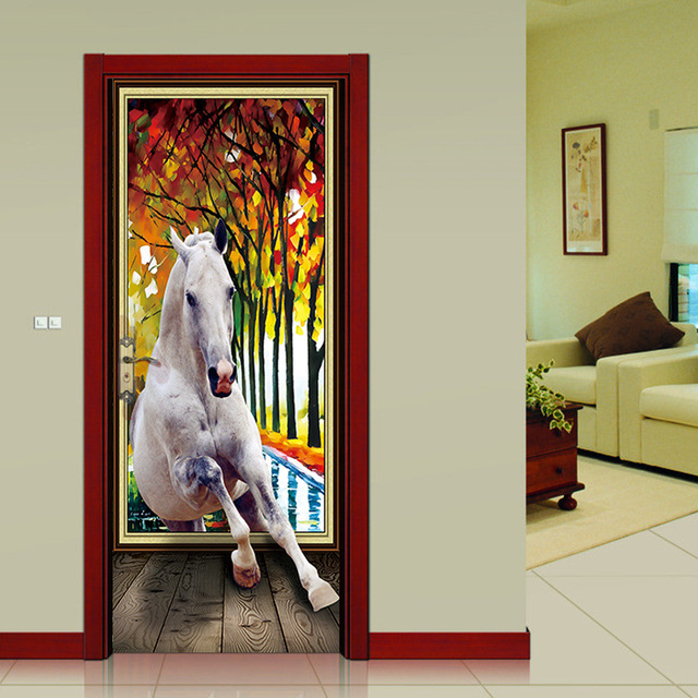 Naklejki 3D na drzwi - ręczny nadruk, artystyczne motywy, koń, las, dom dla zwierząt, ozdobne malowidło, renowacja dekoracji - Wianko - 5