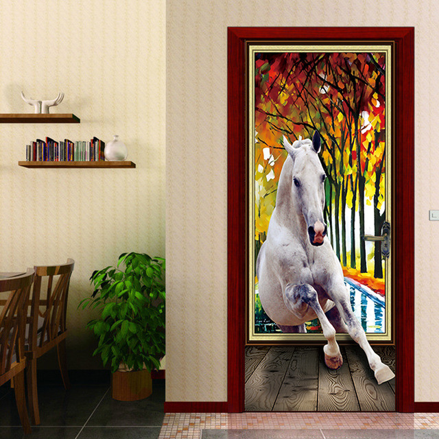 Naklejki 3D na drzwi - ręczny nadruk, artystyczne motywy, koń, las, dom dla zwierząt, ozdobne malowidło, renowacja dekoracji - Wianko - 9
