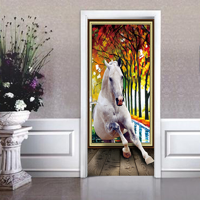 Naklejki 3D na drzwi - ręczny nadruk, artystyczne motywy, koń, las, dom dla zwierząt, ozdobne malowidło, renowacja dekoracji - Wianko - 7