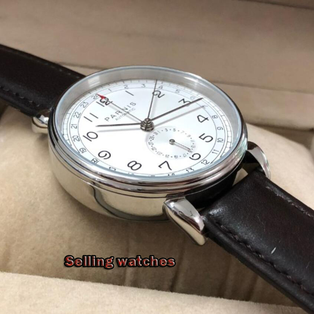 Nowy zegarek mechaniczny Parnis 2019, automatyczny, skórzany pasek, srebrny futerał, 42mm, GMT, okno daty, męski - Wianko - 5