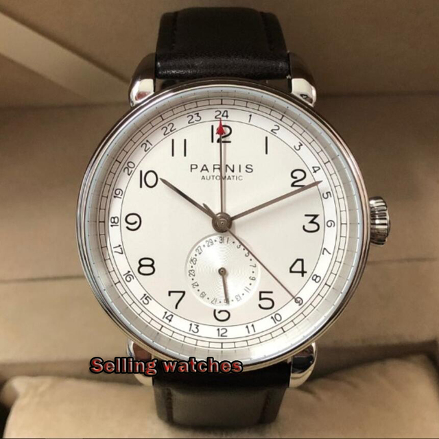 Nowy zegarek mechaniczny Parnis 2019, automatyczny, skórzany pasek, srebrny futerał, 42mm, GMT, okno daty, męski - Wianko - 1