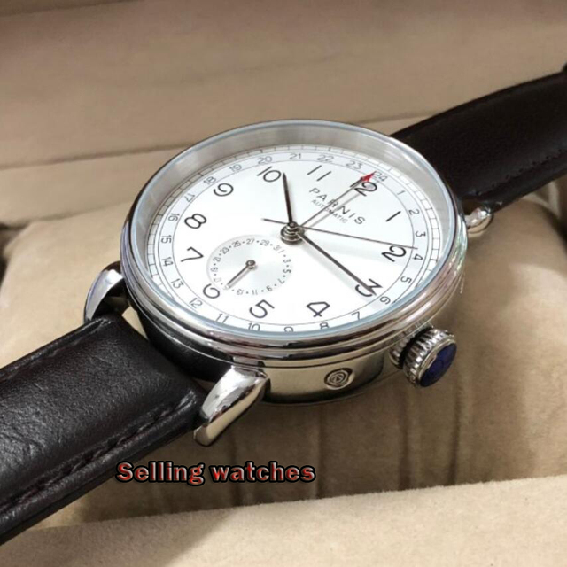 Nowy zegarek mechaniczny Parnis 2019, automatyczny, skórzany pasek, srebrny futerał, 42mm, GMT, okno daty, męski - Wianko - 4