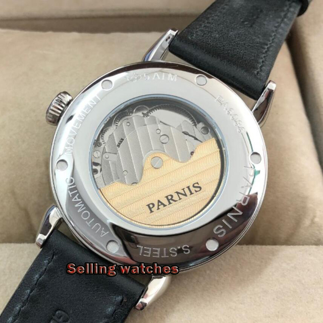 Nowy zegarek mechaniczny Parnis 2019, automatyczny, skórzany pasek, srebrny futerał, 42mm, GMT, okno daty, męski - Wianko - 6