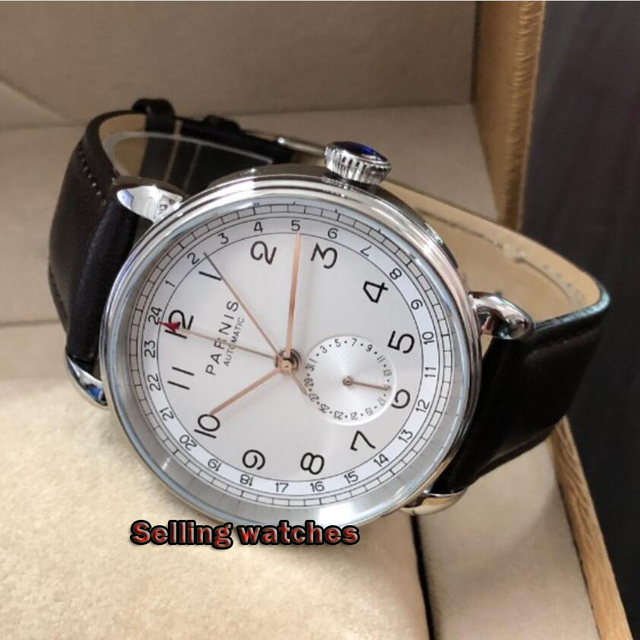 Nowy zegarek mechaniczny Parnis 2019, automatyczny, skórzany pasek, srebrny futerał, 42mm, GMT, okno daty, męski - Wianko - 2