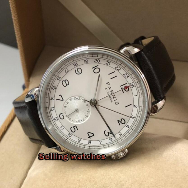 Nowy zegarek mechaniczny Parnis 2019, automatyczny, skórzany pasek, srebrny futerał, 42mm, GMT, okno daty, męski - Wianko - 3