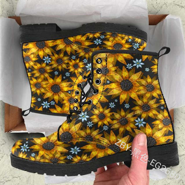 Kobiety botki jesień zima - czaszka kwiat, grube podeszwie Martin buty, ciepłe pluszowe, rocznik, punk botas mujer - Wianko - 6