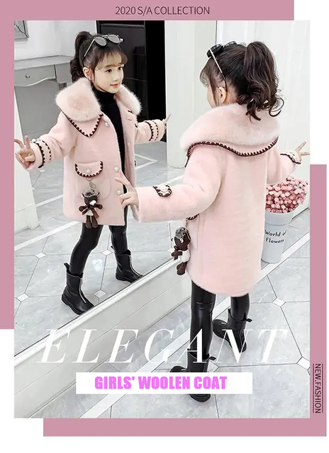 Zimowa wełniana kurtka dla dziewczynki - nowa 2021 KOREAŃSKA WERSJA - Mink aksamitne pogrubienie płaszcz średniej długości klapa Casual odzież dziecięca - Wianko - 1