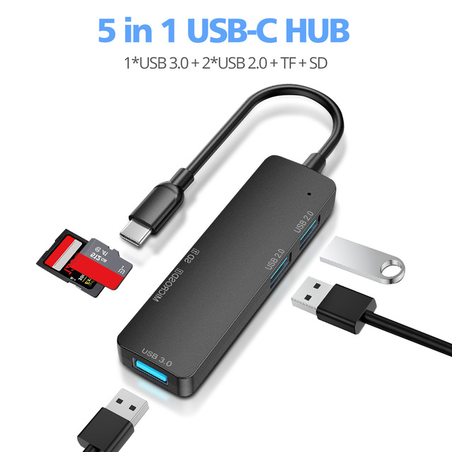 FONKEN 5w1 USB Hub USB C 3.0 - czytnik kart USBC SD TF, 3-portowe rozszerzenie USB dla komputera stacjonarnego i laptopa - Wianko - 1