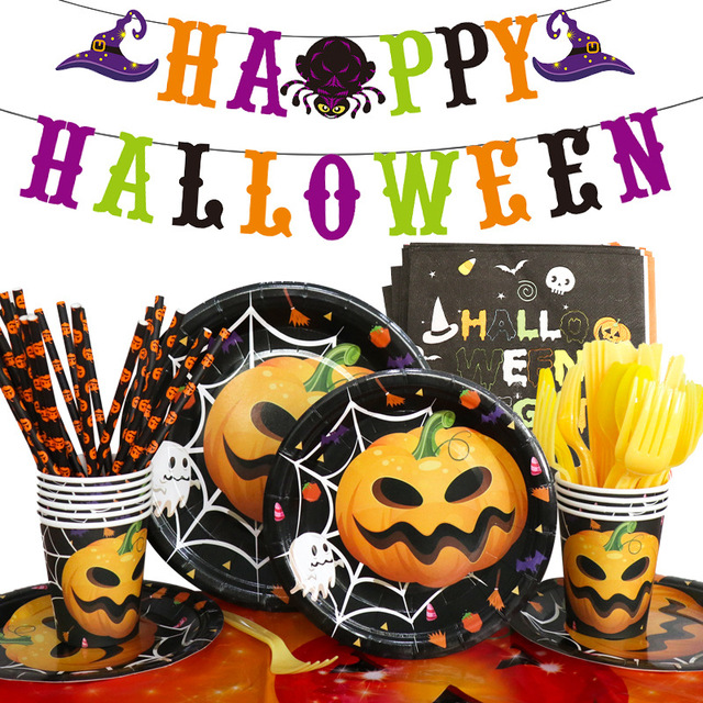Halloween Party - Jednorazowe naczynia i dekoracje do urodzinowego przyjęcia, papierowe talerze, kubki i serwetki w motyw dyni dla dzieci - Wianko - 1