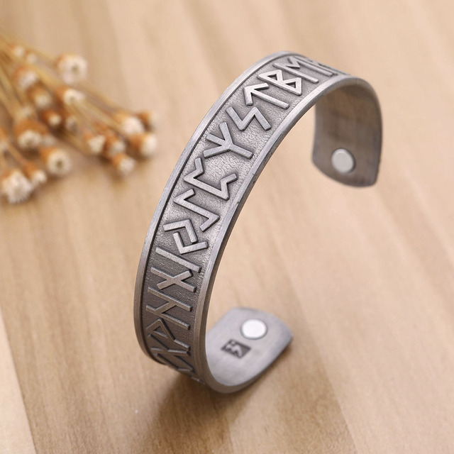 Bransoletka mankietowa metalowa Skyrim Nordic Viking z 24 runami - zdrowotna o opiece magnetycznej, vintage talizman biżuteria amulet - prezent dla mężczyzny - Wianko - 7