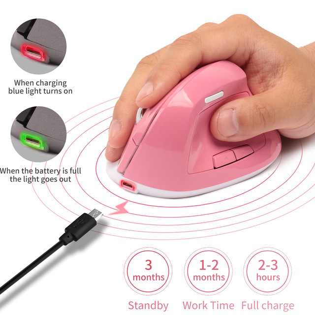 Bezprzewodowa mysz pionowa Jelly Comb akumulatorowa do laptopa i Notebook z ergonomiczną konstrukcją, 6 klawiszy, w kolorze różowym - Wianko - 2