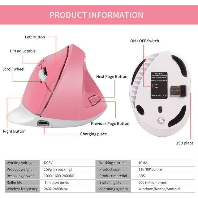 Bezprzewodowa mysz pionowa Jelly Comb akumulatorowa do laptopa i Notebook z ergonomiczną konstrukcją, 6 klawiszy, w kolorze różowym - Wianko - 6