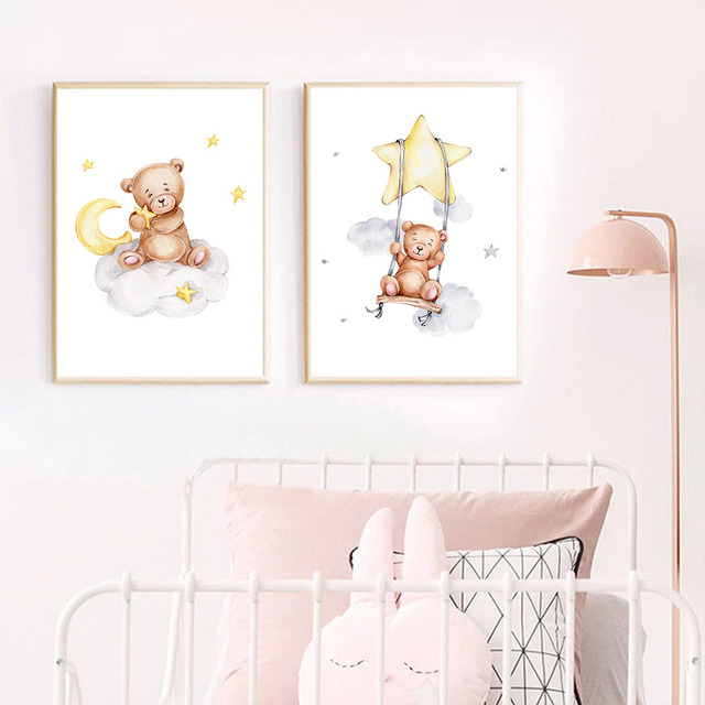 Streszczenie niedźwiedź zwierząt - Plakat artystyczny z motywem księżyca, gwiazd, chmur - Drukowany obraz na płótnie - Nordic Kids Room Decor - Wianko - 3