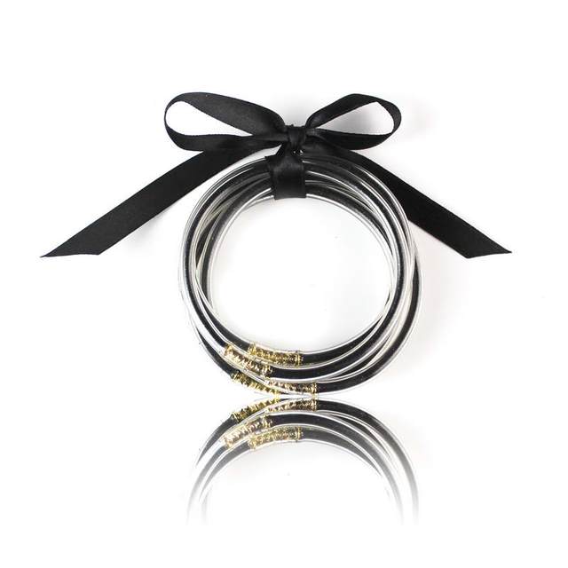 Zestaw 5 fioletowych bransoletek galaretkowych wypełnionych brokatem dla kobiet z silikonowymi kołami i ozdobnym łukiem - świąteczna biżuteria - Wianko - 224