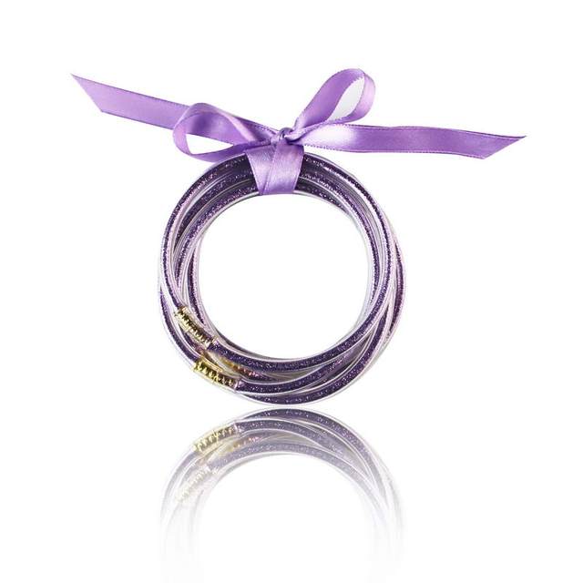 Zestaw 5 fioletowych bransoletek galaretkowych wypełnionych brokatem dla kobiet z silikonowymi kołami i ozdobnym łukiem - świąteczna biżuteria - Wianko - 101