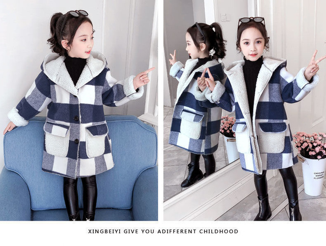 Dziewczęce kurtki jesienne i zimowe w stylu Plaid, średnich i długich modeli, dla dziewczyn, wełniane płaszcze w modnym dziecięcym wzorze Lamb - Wianko - 15