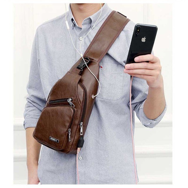 Skórzana torba na ramię dla młodzieży z USB do ładowania - torba piersiowa dla mężczyzn i chłopców - Wianko - 3