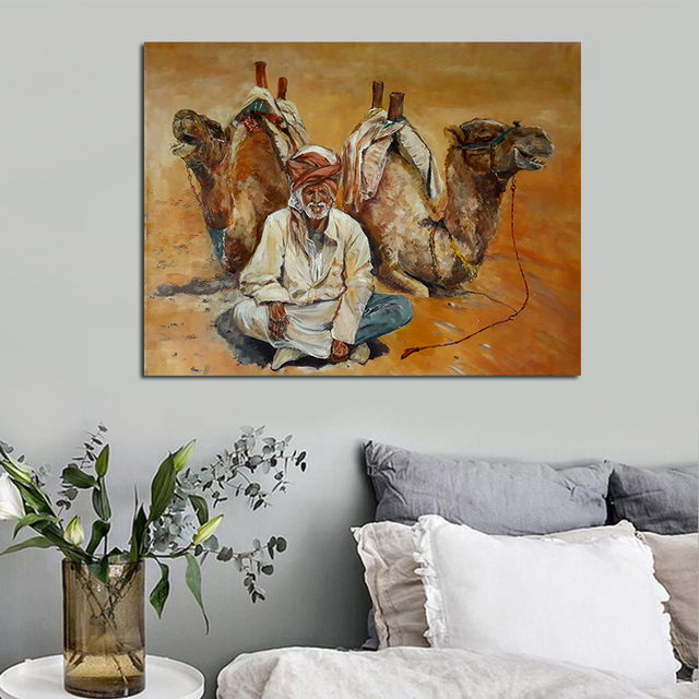 Obraz na płótnie Pustynna ściana - plakaty i wydruki artystyczne, wielbłąd i człowiek, nocne widzenie, dekoracje ścienne - Wianko - 3