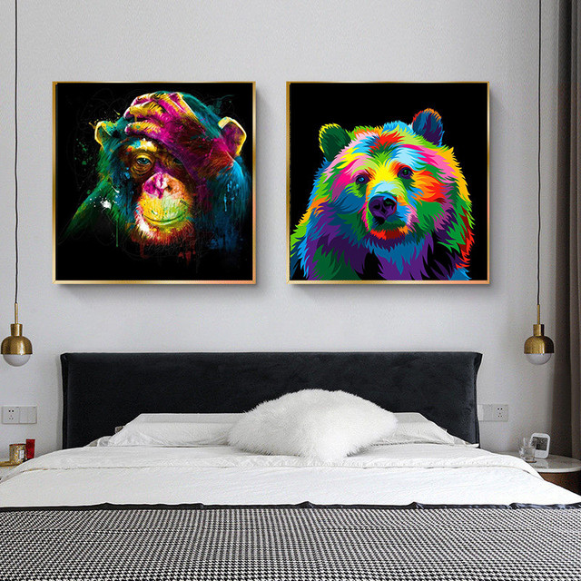 Pop Art obrazy na płótnie - Graffiti myśląca małpa i niedźwiedź, dekoracja do salonu w stylu Wall Art Canvas z motywem zwierząt - Wianko - 18