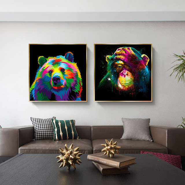Pop Art obrazy na płótnie - Graffiti myśląca małpa i niedźwiedź, dekoracja do salonu w stylu Wall Art Canvas z motywem zwierząt - Wianko - 13