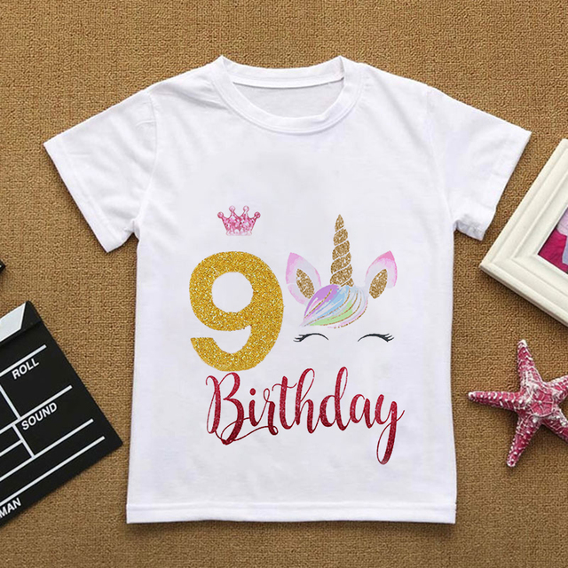 Dziewięciolatka: Dziewczęca koszulka z grafiką jednorożca na urodziny - Wianko - 14